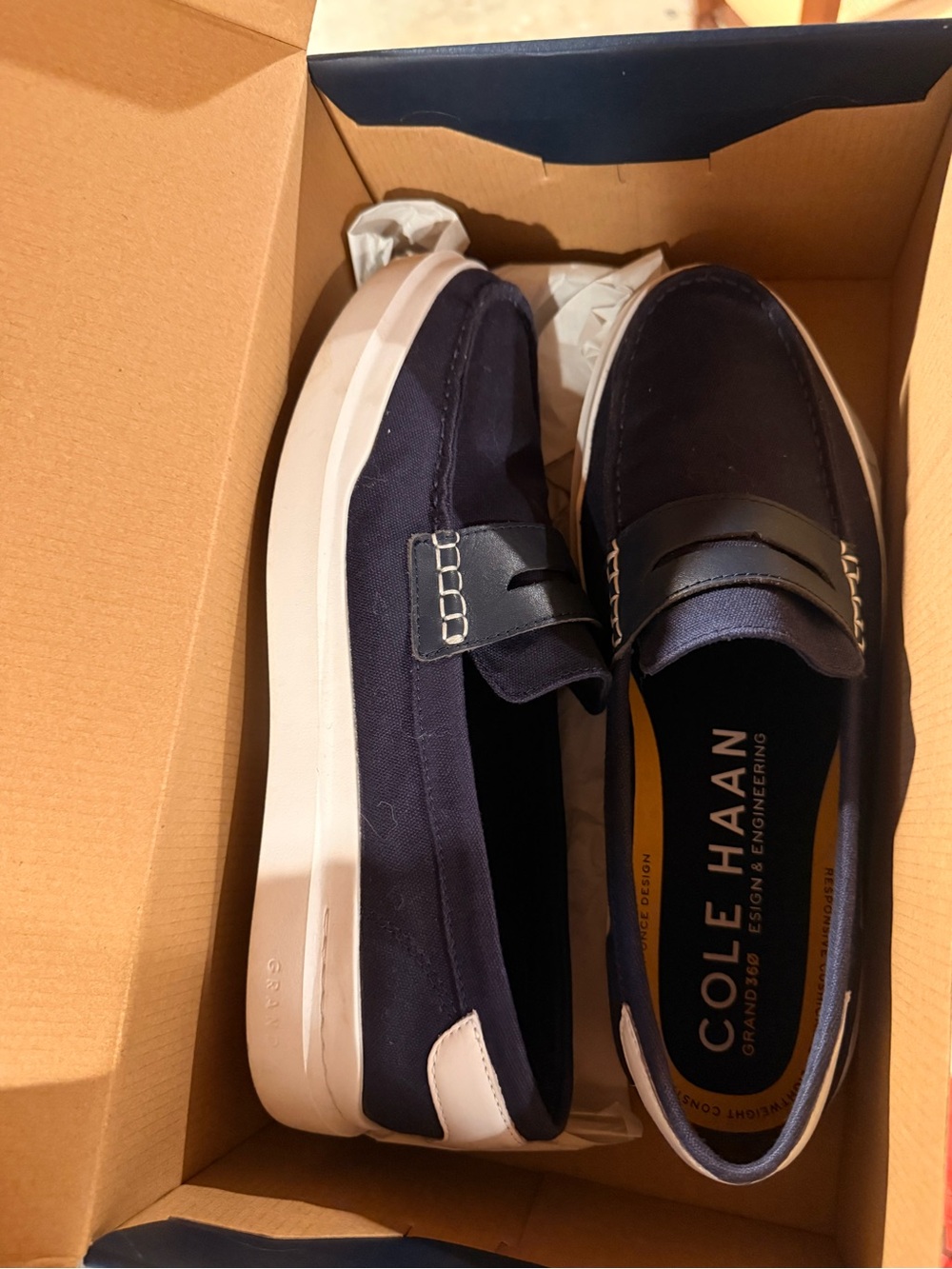 Cole Haan Navy and White Slip-On Penny Loafers